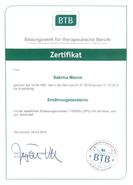 BTB-Zertifikat Sabrina Ernährungsberatung