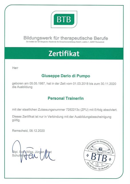 BTB-Zertifikat Dario Personal Trainer
