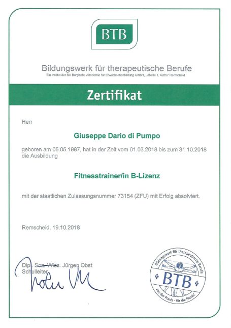 BTB-Zertifikat Dario Fitness-Trainer B-Lizenz