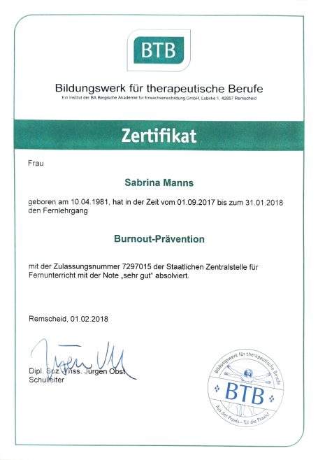 BTB-Zertifikat Sabrina Burnout-Prävention