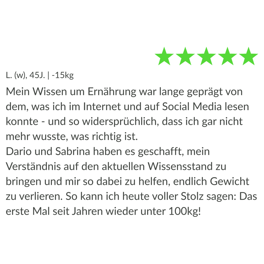 Bewertungstext über Ernährungserfolg von Nutzerin mit fünf Sternen.