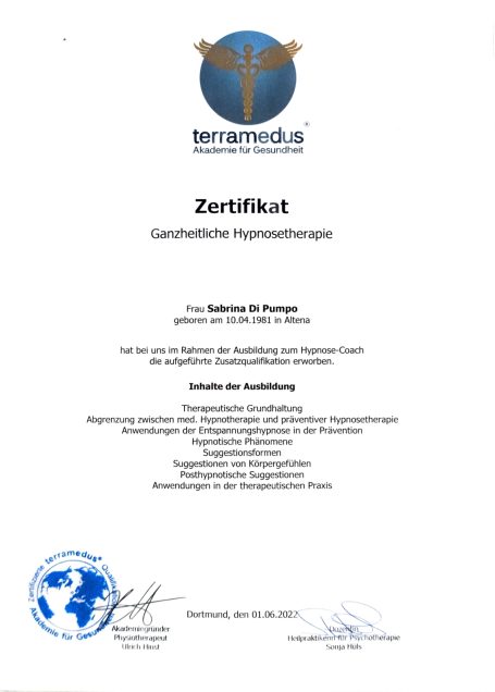 Terramedus-Urkunde Sabrina ganzheitliche Hypnosetherapie