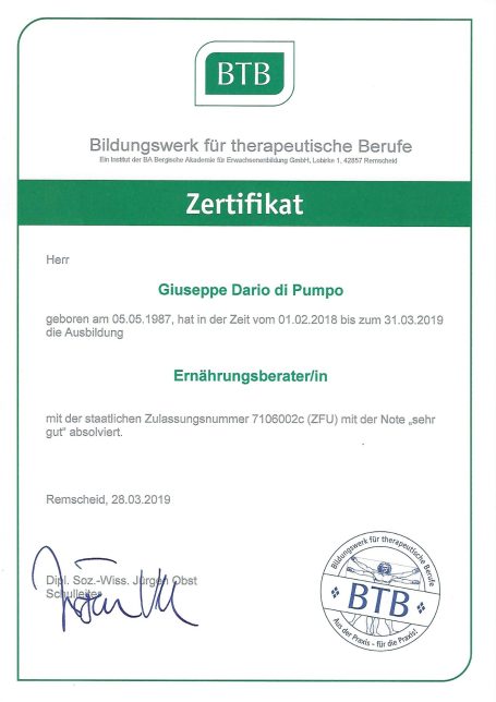 BTB-Zertifikat Dario Ernährungsberater